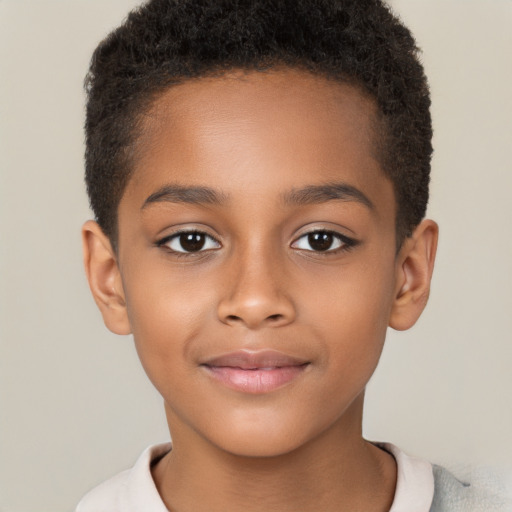 Joyful black child female with short  brown hair and brown eyes