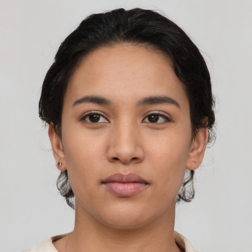 Neutral asian young-adult female with medium  black hair and brown eyes