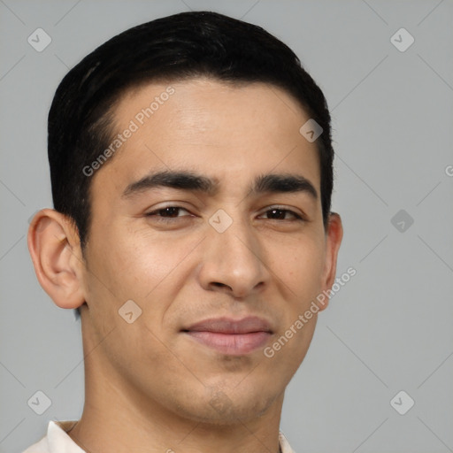 Joyful latino young-adult male with short  brown hair and brown eyes