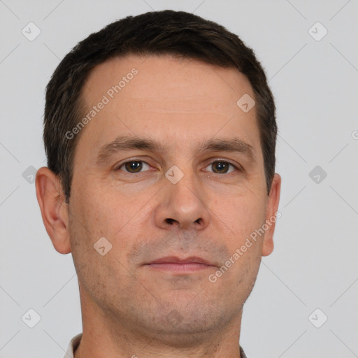 Neutral white adult male with short  brown hair and brown eyes