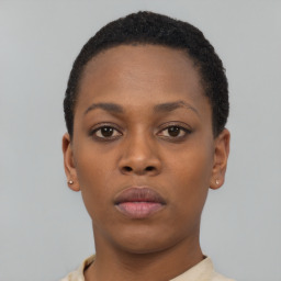 Neutral black young-adult female with short  black hair and brown eyes