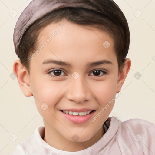 Joyful white child female with short  brown hair and brown eyes