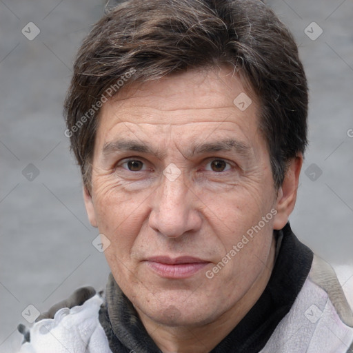 Joyful white middle-aged male with short  brown hair and brown eyes