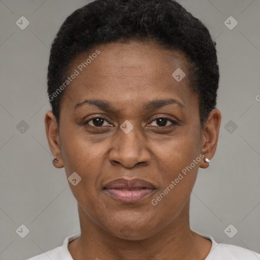 Joyful black adult female with short  brown hair and brown eyes