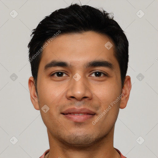 Joyful latino young-adult male with short  black hair and brown eyes