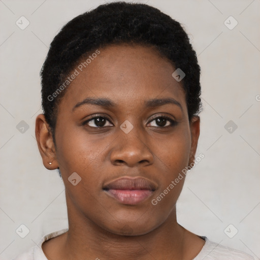 Neutral black young-adult female with short  black hair and brown eyes