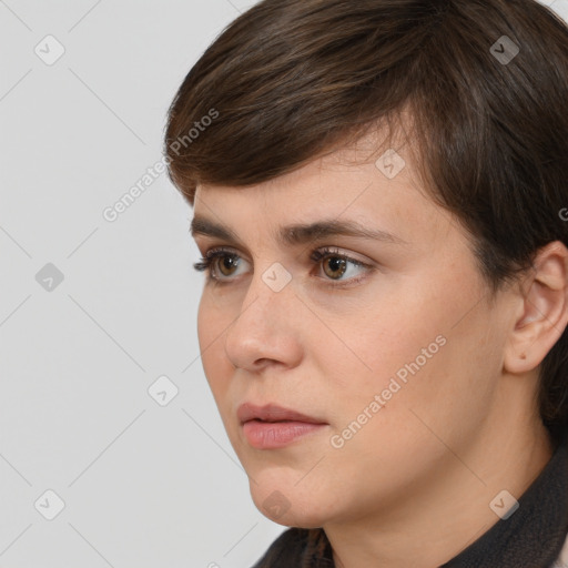 Neutral white young-adult female with short  brown hair and brown eyes