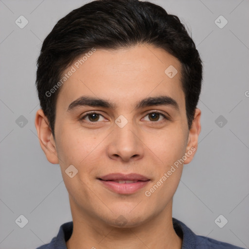 Joyful white young-adult male with short  black hair and brown eyes