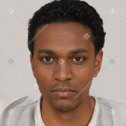Neutral black young-adult male with short  black hair and brown eyes