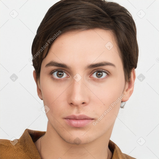 Neutral white young-adult female with short  brown hair and brown eyes