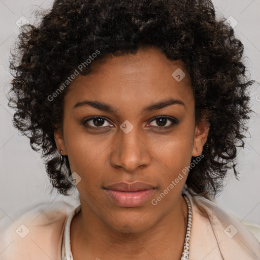 Neutral black young-adult female with medium  brown hair and brown eyes