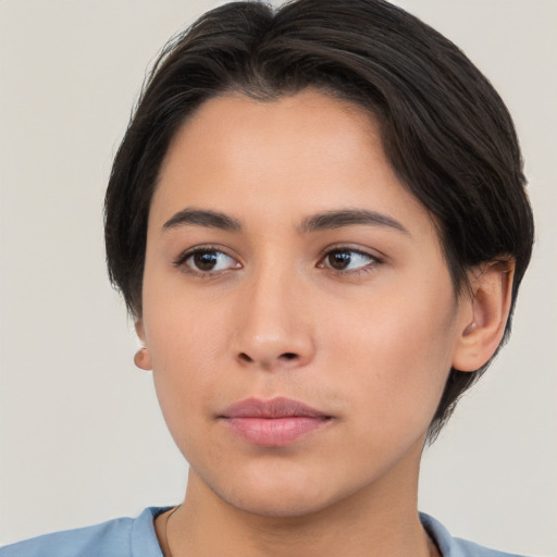 Neutral white young-adult female with medium  brown hair and brown eyes