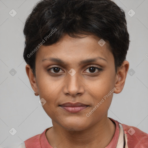 Joyful latino young-adult female with short  brown hair and brown eyes