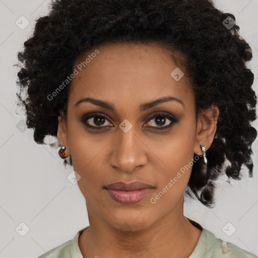 Joyful black young-adult female with medium  brown hair and brown eyes