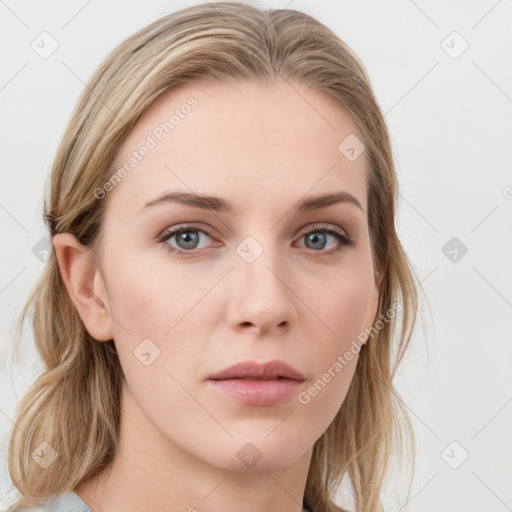 Neutral white young-adult female with medium  brown hair and grey eyes