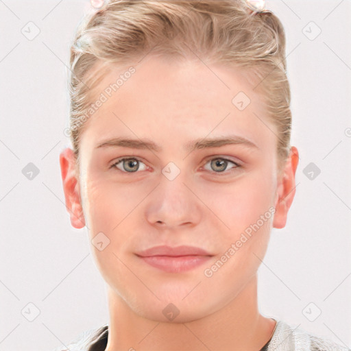 Joyful white young-adult male with short  brown hair and blue eyes