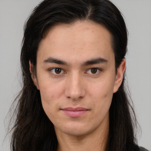 Neutral white young-adult male with long  brown hair and brown eyes