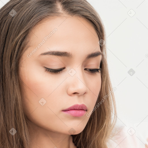 Neutral white young-adult female with long  brown hair and brown eyes