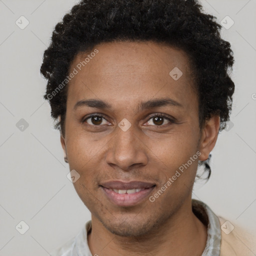 Joyful black adult female with short  brown hair and brown eyes