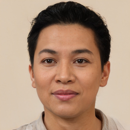 Joyful latino adult female with short  black hair and brown eyes