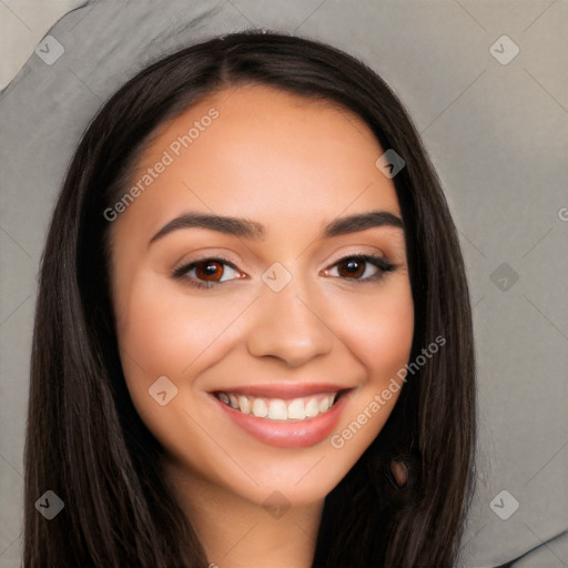 Joyful white young-adult female with long  black hair and brown eyes