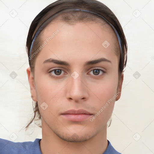 Neutral white young-adult female with short  brown hair and brown eyes