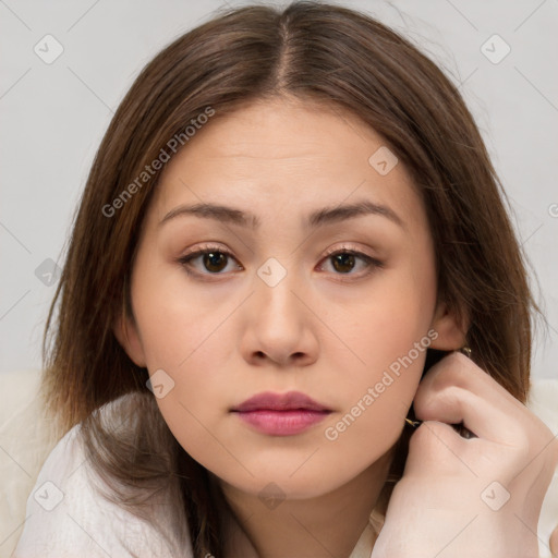 Neutral white young-adult female with medium  brown hair and brown eyes