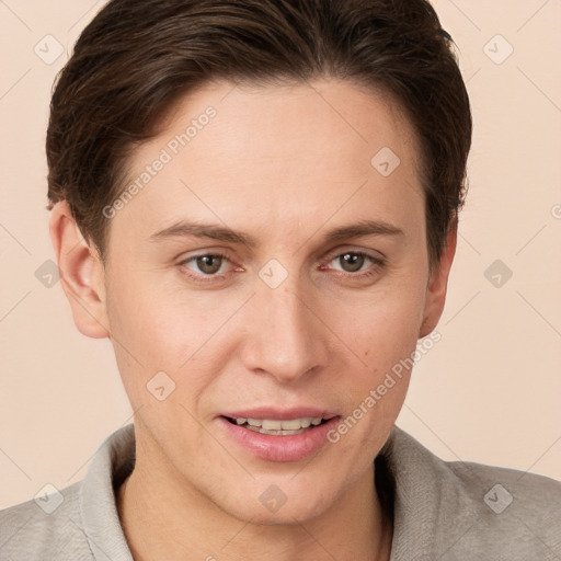 Joyful white young-adult female with short  brown hair and grey eyes