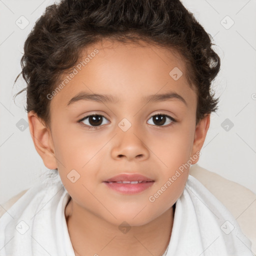 Joyful white child female with short  brown hair and brown eyes