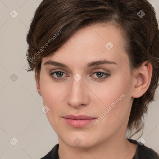 Neutral white young-adult female with medium  brown hair and grey eyes