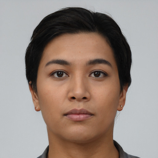 Neutral asian young-adult female with short  black hair and brown eyes