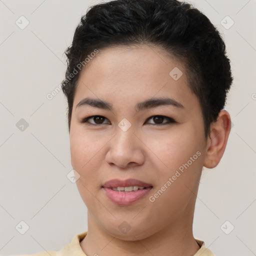 Joyful asian young-adult female with short  brown hair and brown eyes