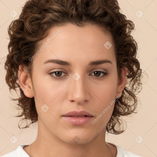 Neutral white young-adult female with medium  brown hair and brown eyes