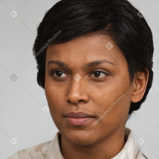 Neutral black young-adult female with short  brown hair and brown eyes