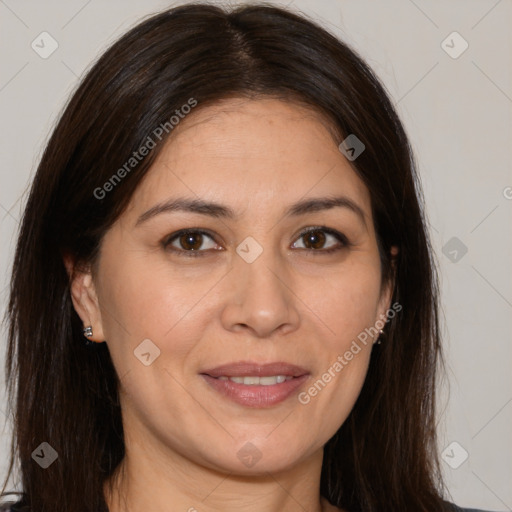 Joyful white adult female with long  brown hair and brown eyes