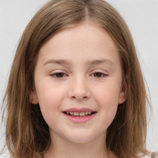 Joyful white child female with long  brown hair and brown eyes