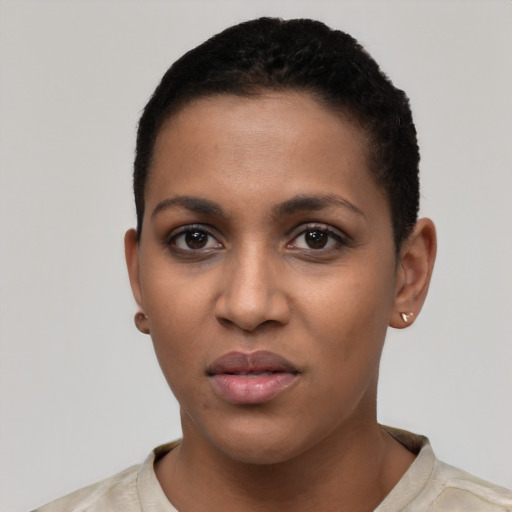 Neutral latino young-adult female with short  black hair and brown eyes