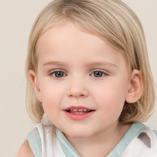 Joyful white child female with medium  brown hair and blue eyes