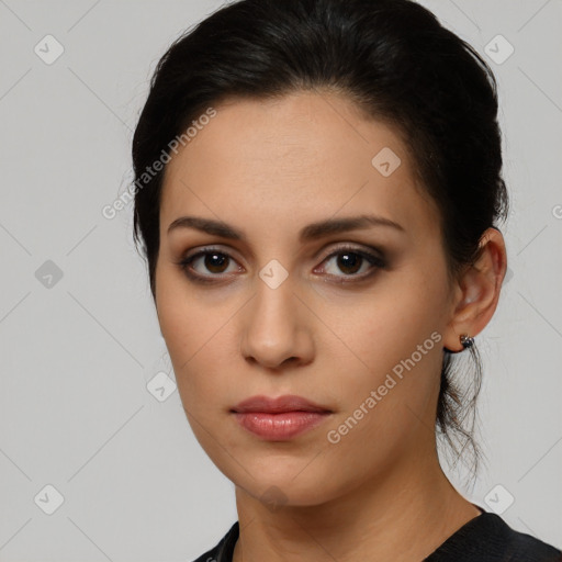 Neutral white young-adult female with medium  brown hair and brown eyes