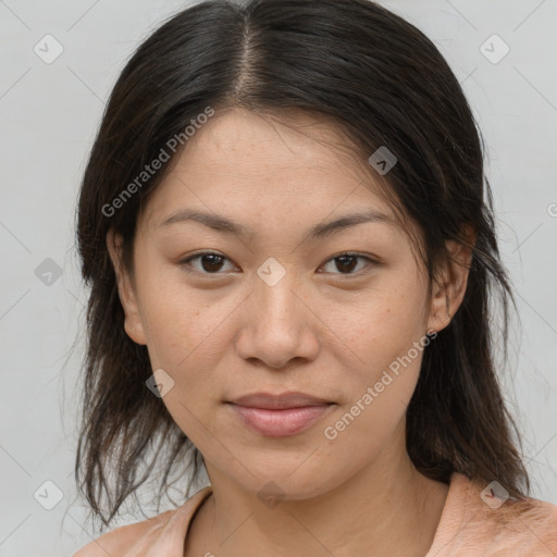 Joyful white young-adult female with medium  brown hair and brown eyes