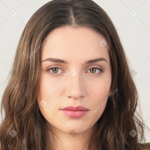 Neutral white young-adult female with long  brown hair and brown eyes