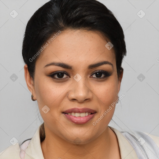 Joyful latino young-adult female with short  brown hair and brown eyes