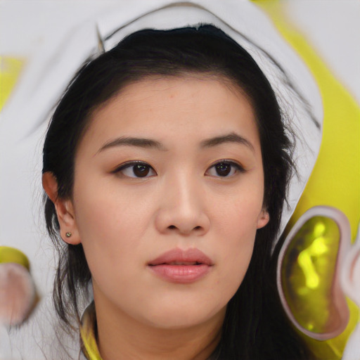 Neutral asian young-adult female with medium  brown hair and brown eyes