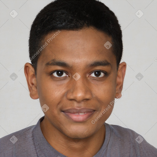 Joyful black young-adult male with short  brown hair and brown eyes