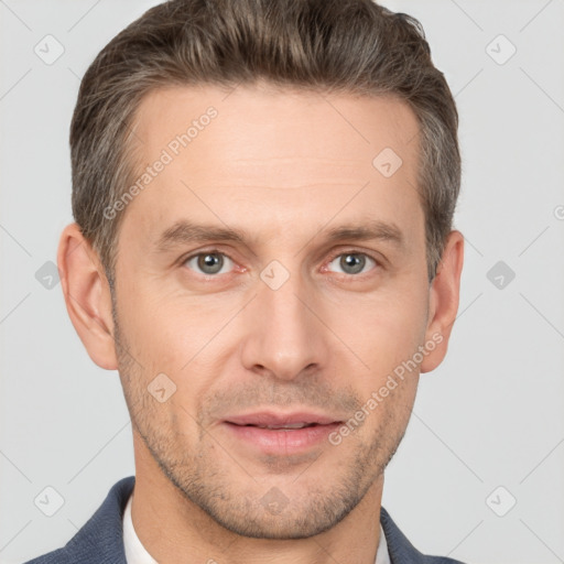 Joyful white adult male with short  brown hair and brown eyes