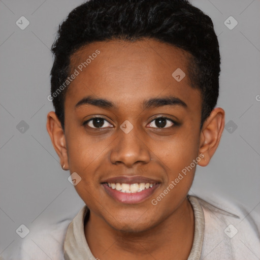 Joyful black young-adult male with short  black hair and brown eyes