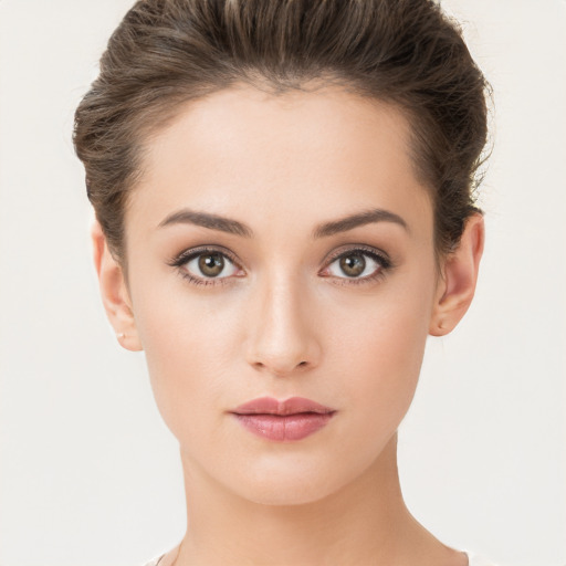 Neutral white young-adult female with short  brown hair and brown eyes