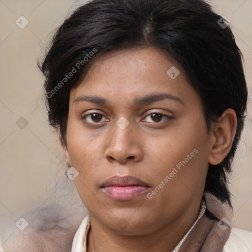 Neutral white young-adult female with medium  brown hair and brown eyes