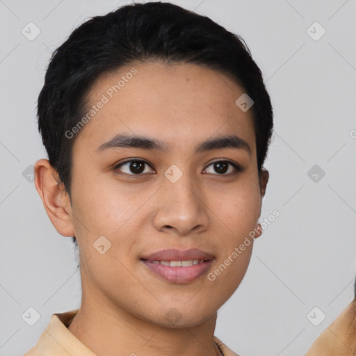 Joyful black young-adult male with short  brown hair and brown eyes