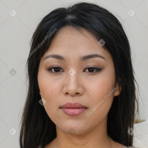 Neutral asian young-adult female with long  brown hair and brown eyes